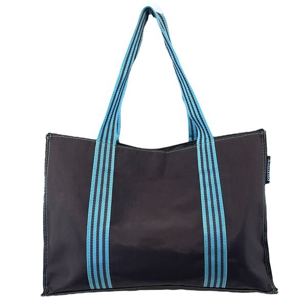 Domino Handbags - Domino Tote Bag Brown Polyester Teal Striped Straps Shoulder Purse